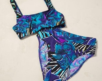 NWOT Vintage 90s Christina Abstract Floral Bikini, Teal/Purple/Black, Size 9/10