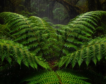 Lush Green Ferns in Rainy New Zealand Rainforest | Digital Download Wall Art