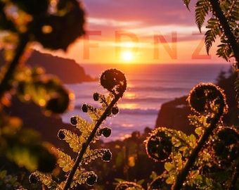 West Coast NZ Fern Sunset Print – Golden Hour Ocean View Digital Download