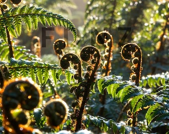 Morning Curls West Coast NZ Ferns Print – Dewy Sunrise Botanical Digital Download