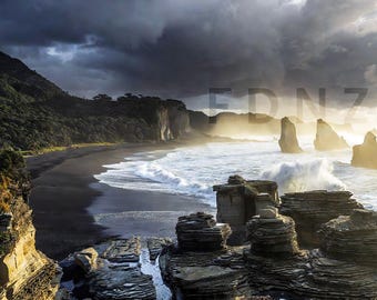 Motukiekie Beach Rock Formations | Dramatic West Coast NZ Coastline | Moody Landscape Printable