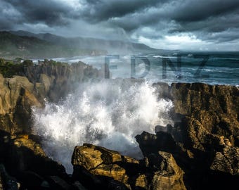 NZ Punakaiki Pancake Rocks Storm West Coast - Dramatic Coastal Landscape Print | Digital Wall Art