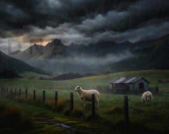 Stormy West Coast NZ Farm with Sheep | Moody Landscape Digital Download
