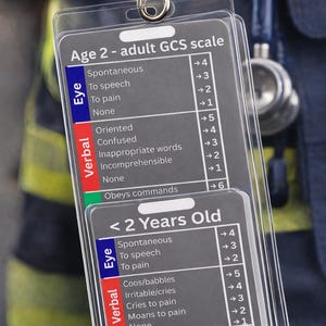 Puede incluir: Una tarjeta de plástico transparente con el texto "Age 2 - adult GCS scale" y "< 2 Years Old" impreso. La tarjeta está sujeta a un cordón con un clip plateado. La tarjeta enumera escalas para respuestas oculares, verbales y motoras.