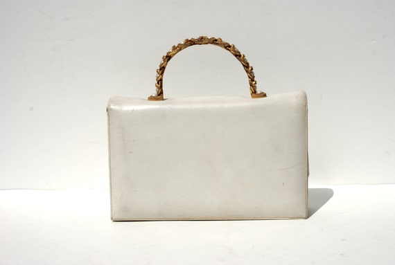 White LEATHER Gold Twisted Handle 1950's Pocketbo… - image 2