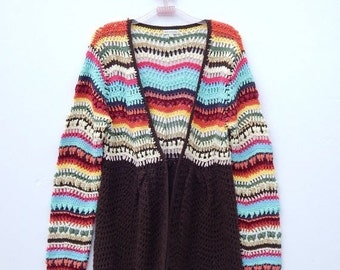 Colorful CROCHET Flower Power Hippie Hand Knit Rainbow Cardigan Sweater - XS