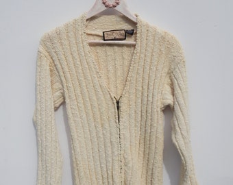 STREET WEAR by Carole Little....Oatmeal Ivory Zipper Front Cardigan 80s Sweater