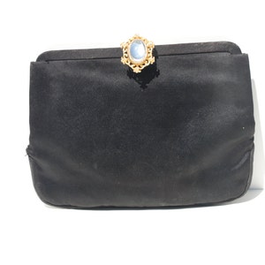 VINTAGE 50&#39;s  Black Satin & GEMSTONE Clasp Clutch Handbag