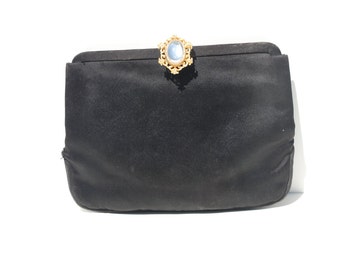 VINTAGE 50er Jahre Schwarze Satin & EDELSTEIN Verschluss Clutch Handtasche