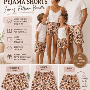 Könnte beinhalten: Ein Schnittmuster-Bundle für Familien-Pyjamashorts mit braun-weißem Brezelmuster. Das digitale Dokument enthält Anleitungen für die Größen XS-XL und Kinder 1-11, mit dem Text Sew with Jacinta, Family Pyjama Shorts Sewing Pattern Bundle und Matching Memories Made by You.