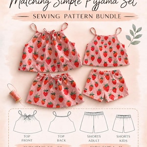 May include: A sewing pattern bundle for a Mummy & Kids matching simple pajama set. The image shows a pink pajama set with a strawberry pattern, including tops and shorts. The text reads "Sew with Jacinta" and "Matching Simple Pyjama Set".