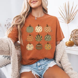 May include: A burnt orange short-sleeve t-shirt featuring a graphic print of nine pumpkins arranged in a three-by-three grid. Each pumpkin displays a unique pattern, including wavy lines, celestial moons, checkered squares, floral motifs, and starbursts.