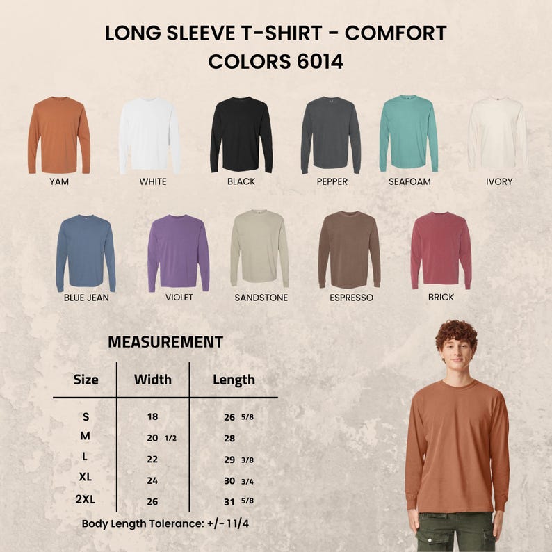 May include: A long sleeve t-shirt color chart featuring eleven options: yam, white, black, pepper, seafoam, ivory, blue jean, violet, sandstone, espresso, and brick. A measurement table lists widths and lengths in inches for sizes S to 2XL.