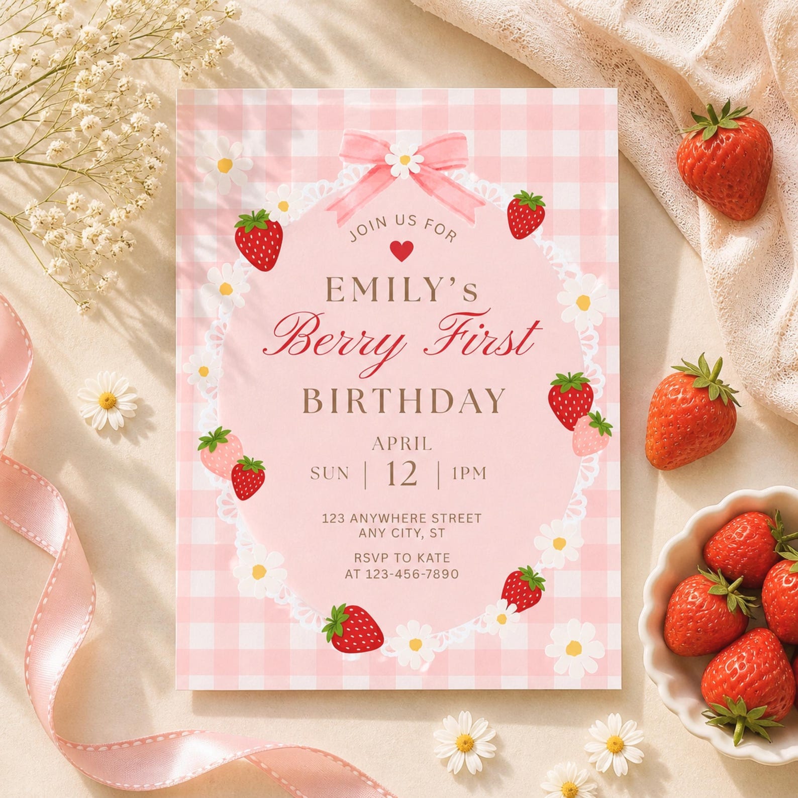 Berry First Birthday Invitation, Pink Gingham Strawberry 1st Birthday ...
