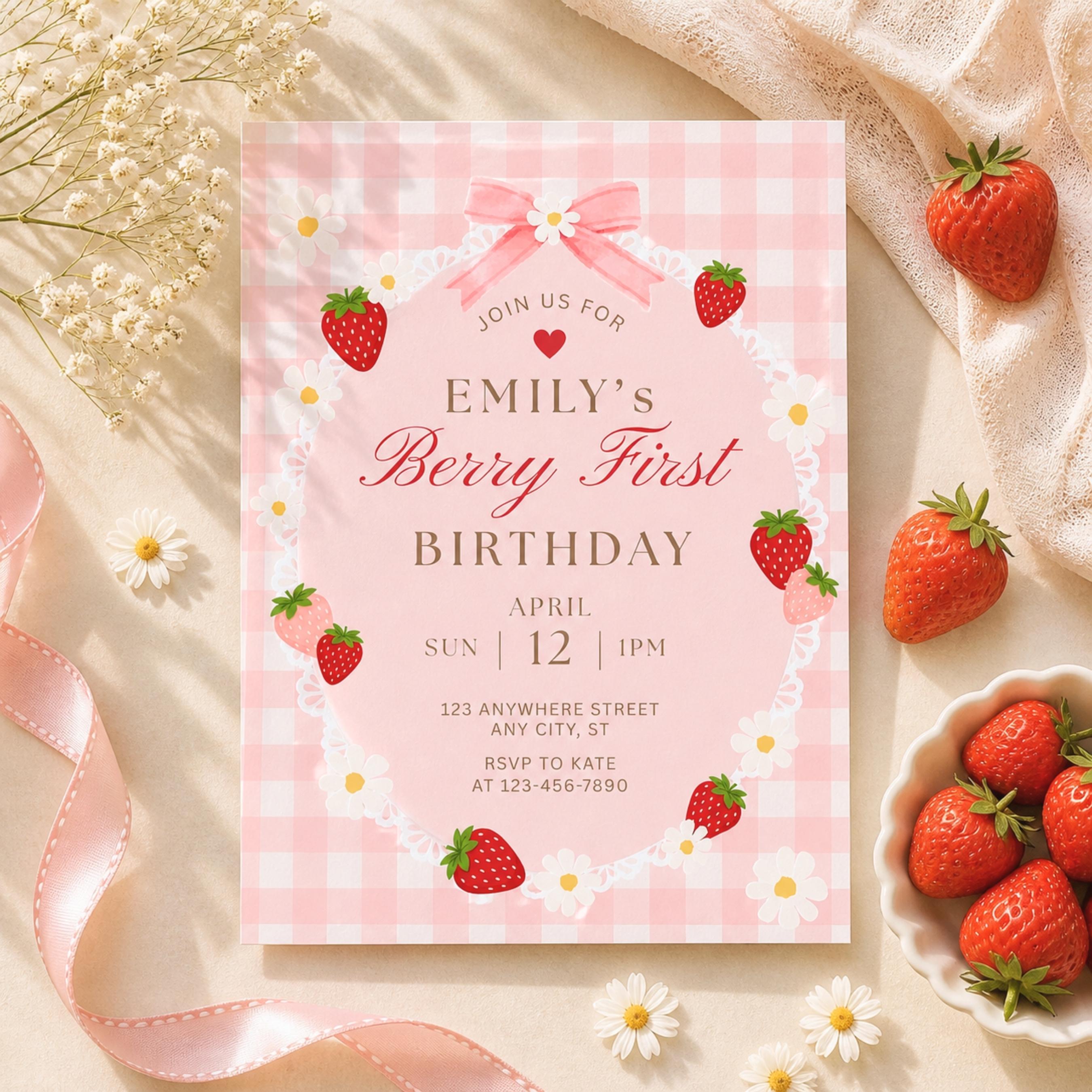 Berry First Birthday Invitation, Pink Gingham Strawberry 1st Birthday ...