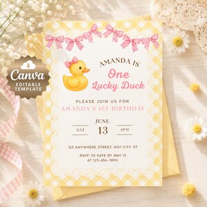 May include: A yellow and white invitation with a duck illustration and the text "AMANDA IS One Lucky Duck". The invitation includes details for Amanda's 1st birthday, with a date of June 13th.
