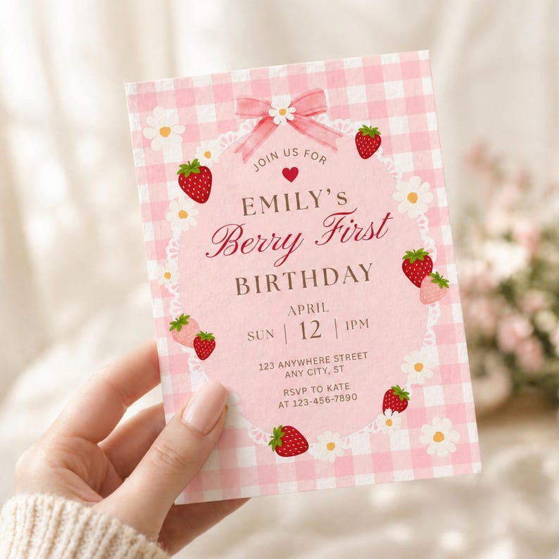 Berry First Birthday Invitation, Pink Gingham Strawberry 1st Birthday ...