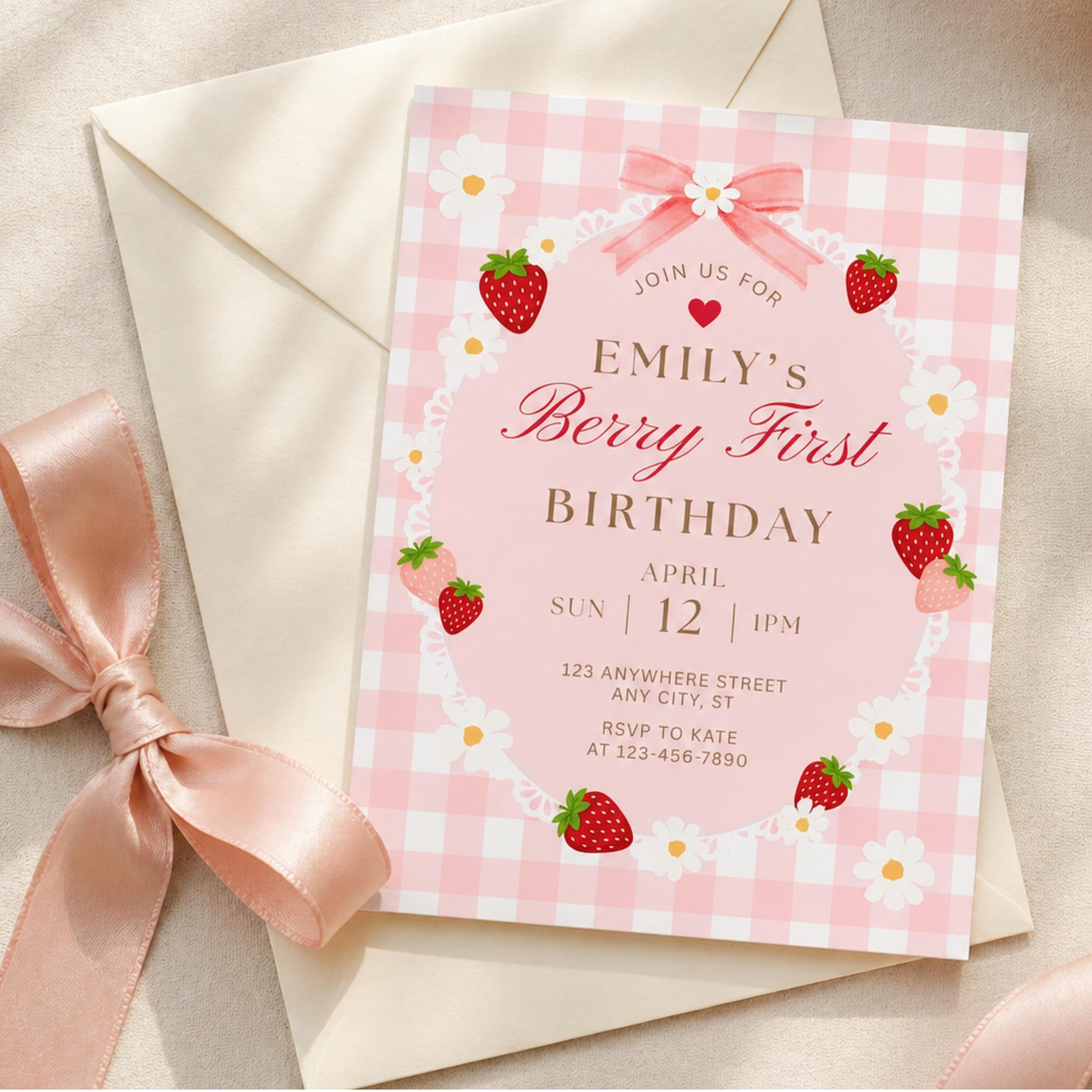 Berry First Birthday Invitation, Pink Gingham Strawberry 1st Birthday ...