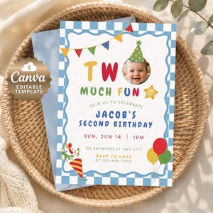 Invito per il secondo compleanno "Two Much Fun", invito di compleanno retrò blu, modello Canva (download digitale)