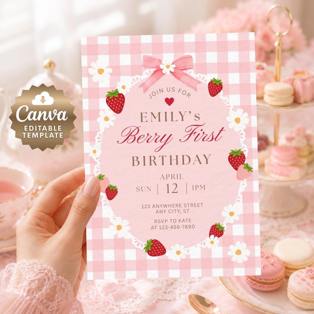 Berry First Birthday Invitation, Pink Gingham Strawberry 1st Birthday ...