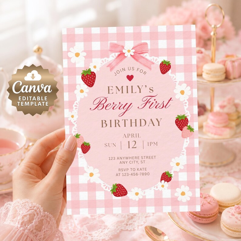 Berry First Birthday Invitation, Pink Gingham Strawberry 1st Birthday ...