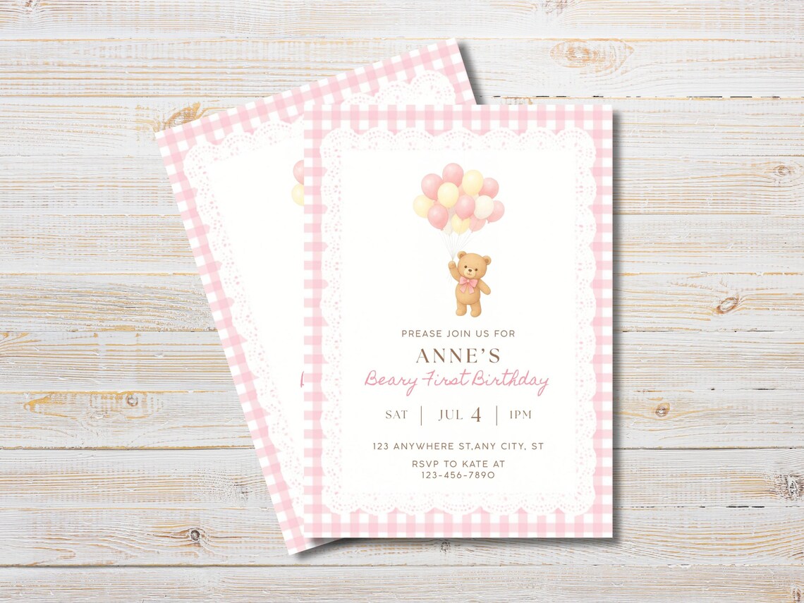 Beary First Birthday Invitation, Pink Gingham Teddy Bear Girl Invite ...