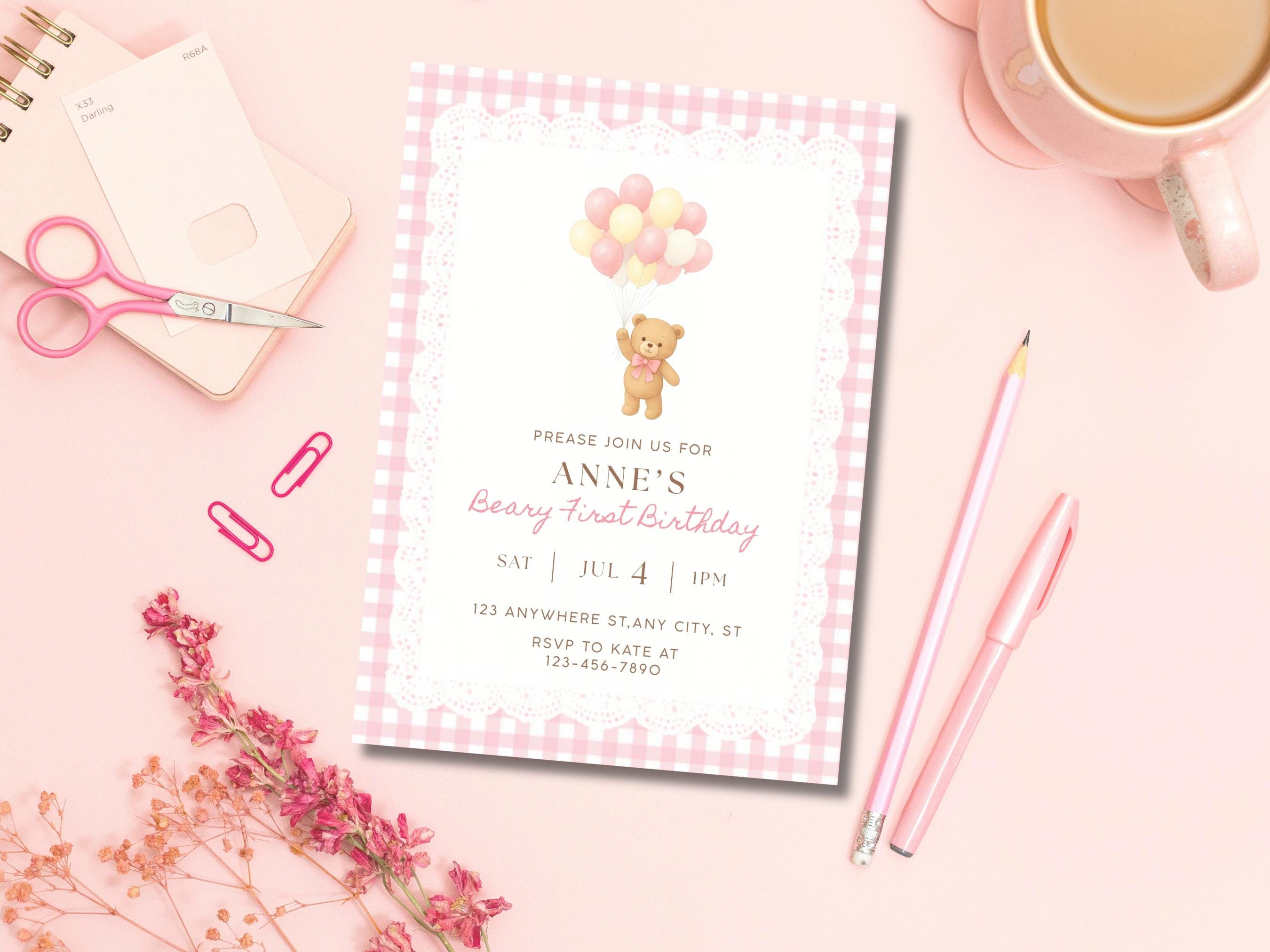 Beary First Birthday Invitation, Pink Gingham Teddy Bear Girl Invite ...