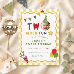 May include: A rectangular birthday invitation card featuring a yellow and white checkered border, colorful bunting, and balloons. The text reads TWO MUCH FUN, JACOB'S SECOND BIRTHDAY, SUN, JUN 14, 1PM, and includes a circular photo of a child in a party hat.