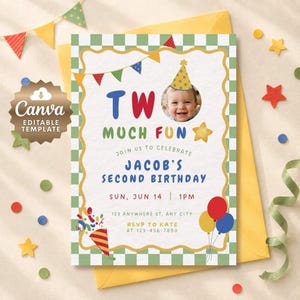 Invitación de cumpleaños número 2 de Two much Fun, invitación verde salvia para niño, plantilla editable de Canva