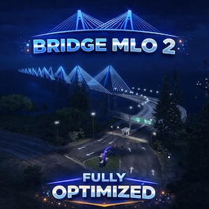 Puede incluir: Ilustración digital de un puente colgante por la noche, iluminado con luces azules. El texto "BRIDGE MLO 2" está en la parte superior y "FULLY OPTIMIZED" en la inferior. El puente cruza un cuerpo de agua.
