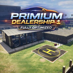 May include: An image of a car dealership with the text "PRIMIUM DEALERSHIP 1" and "FULLY OPTIMIZED". The building has a helipad and is surrounded by green grass. The architecture is modern.