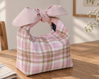 Lancheira térmica resistente à água, bolsa térmica xadrez para almoço com alças em formato de orelhas de coelho.