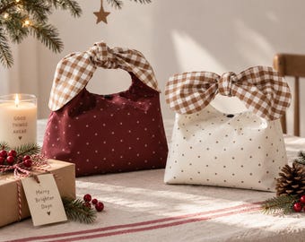 Handmade Insulated Lunch Bag, Star Print, Gingham Bow Handle