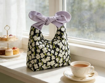 Quilted Floral Cotton Lunch Bag, Reusable Picnic, Insulated Bento Bag