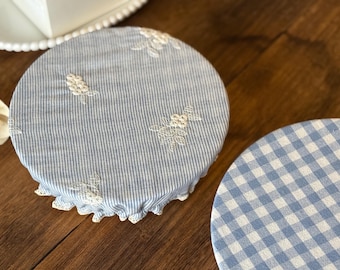 Embroidered Cotton Bowl Cover, Reversible Lace Trim Dish Cover