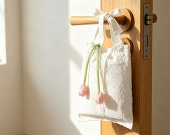 Embroidered Hanging Tissue Holder, Bow Tie Fabric Bag with Tulip Charm
