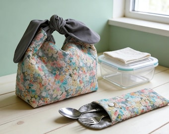Quilted Floral Cotton Lunch Bag with Cutlery Pouch, Reusable Tote