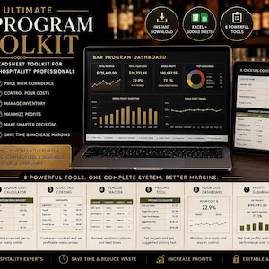 May include: The Ultimate Bar Program Toolkit is an 8-in-1 spreadsheet system for hospitality professionals. It includes a laptop, tablet, and smartphone displaying dashboards, charts, and cost calculators for inventory, pricing, and profit tracking.