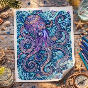 Puede incluir: Una página para colorear detallada de un pulpo en tonos morados, azules y turquesas, rodeada de elementos temáticos del océano. La imagen incluye lápices de colores, conchas marinas, una brújula y una vela en un tarro de cristal.