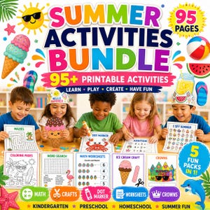 Könnte beinhalten: Ein digitales Set mit Sommeraktivitäten zum Ausdrucken, das 95 Seiten mit Lerninhalten umfasst. Das Cover zeigt bunte Grafiken von Eiscreme, einem Strandball und einer Wassermelone sowie den Text Summer Activities Bundle 95+ Printable Activities.
