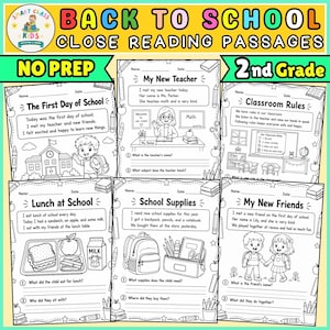 Op de afbeelding: Een verzameling zwart-wit werkbladen getiteld Back to School Close Reading Passages for 2nd Grade. De pagina's bevatten tekst en illustraties over het schoolleven, waaronder een leraar, klassenregels, een lunch en schoolbenodigdheden.