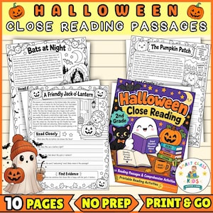 Puede incluir: Una colección de hojas de trabajo educativas con temática de Halloween tituladas Halloween Close Reading Passages. El conjunto incluye pasajes de lectura en blanco y negro sobre murciélagos, calabazas y linternas, junto a una portada colorida.