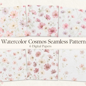 Op de afbeelding: Zes digitaal papier vellen met een naadloos aquarel cosmos patroon. Elk vierkant toont delicate roze, witte en lavendelkleurige cosmosbloemen met dunne groene stengels op een lichte, getextureerde achtergrond. De tekst luidt Watercolor Cosmos Seamless Pattern 6 Digital Papers.