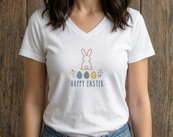 Minimalistisches Happy Easter V-Neck Shirt | Cottagecore Häschen & Pastell Eier T-Shirt | Vintage Frühlingskleid | Damenbekleidung