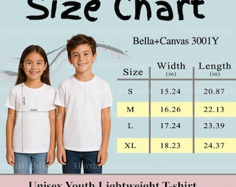 Bella 3001Y Kinder T-Shirt Größentabelle (Digitaler Download) - 2 Farbschemata
