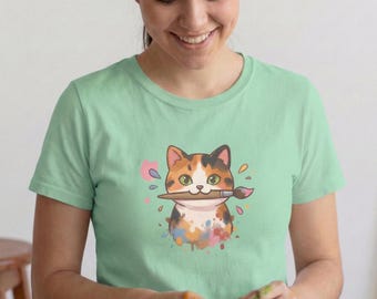 Calico Cat Messy Artist T-Shirt - Unisex Softstyle Cat Lover Tee - Cute Watercolor Cat Gift - Colorful Pet Graphic Tee - Kitten Art