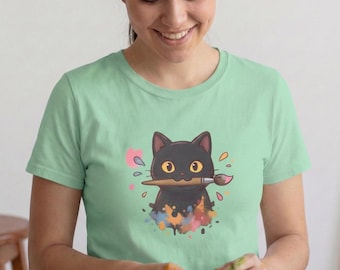 Black Cat Messy Artist T-Shirt - Unisex Softstyle Cat Lover Tee - Cute Watercolor Cat Gift - Colorful Pet Graphic Tee - Kitten Art
