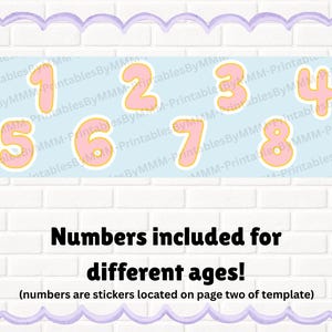May include: A light blue banner with pink numbers 1 through 8, each outlined in yellow. The text "Numbers included for different ages!" is below the numbers, with an additional note about stickers.