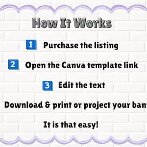 May include: A graphic on a white brick background with a purple scalloped border. The text "How It Works" is at the top. Steps include purchasing, opening a template link, editing text, and downloading/printing a banner. The text "It is that easy!" is at the bottom.