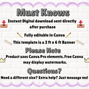 May include: A digital template with the text "Must Knows" and other information. The template is for a 2 ft x 6 ft banner and is fully editable in Canva. It includes a note about Canva Pro elements and offers support for different sizes.